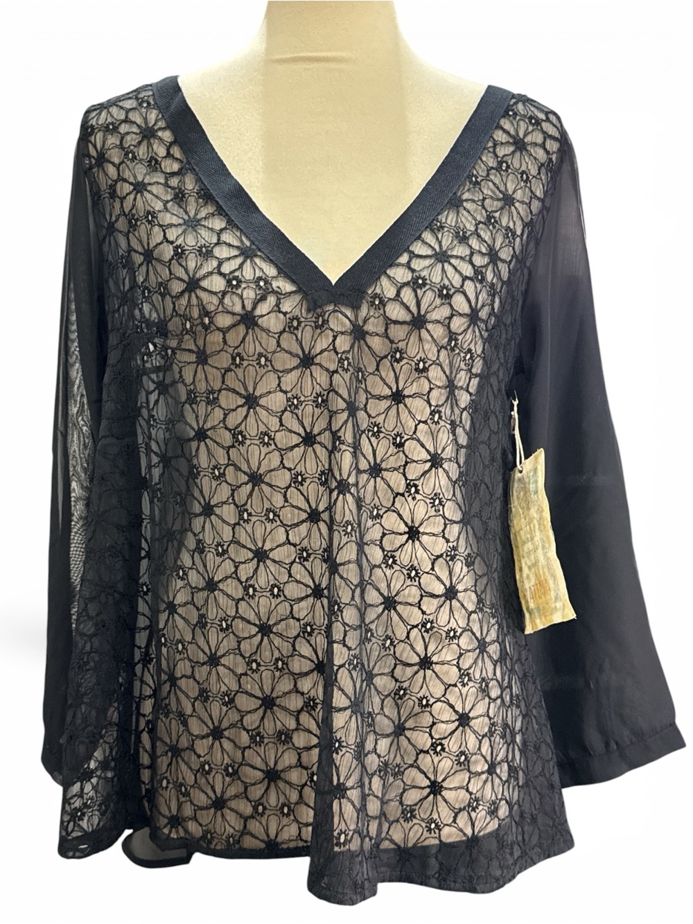 Sheer Black Floral Lace V-Neck Top #455